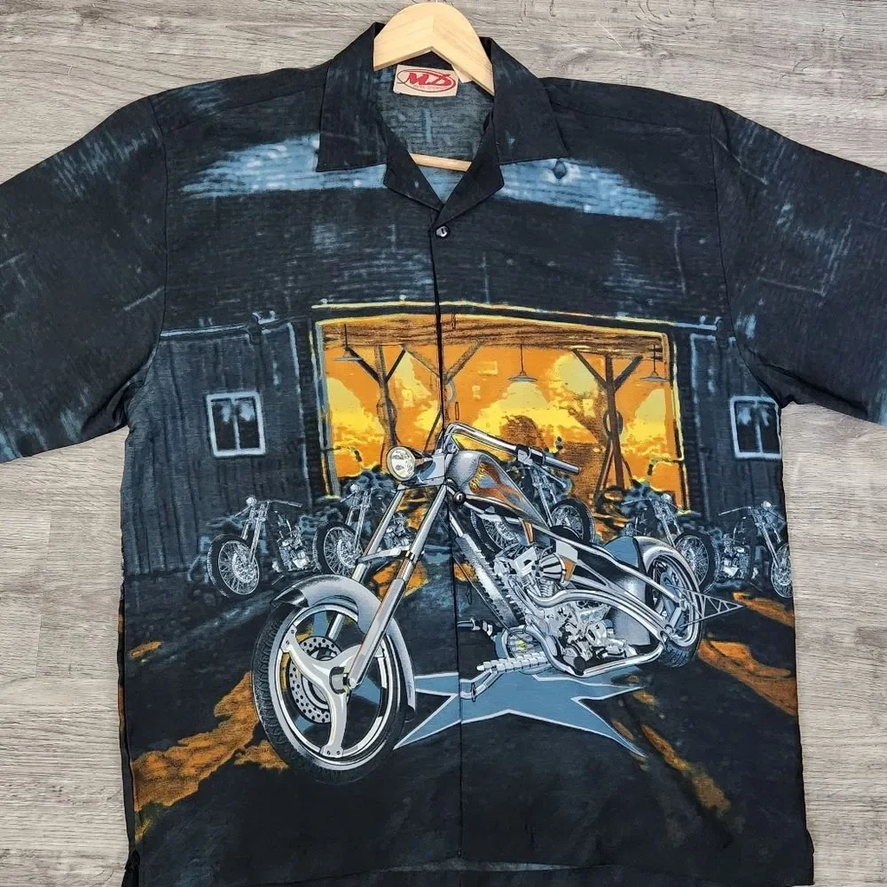 Vintage Biker 90s Y2K Motorcycle Short Sleeve Button Up Shirt Sz L - Picture 10 of 10